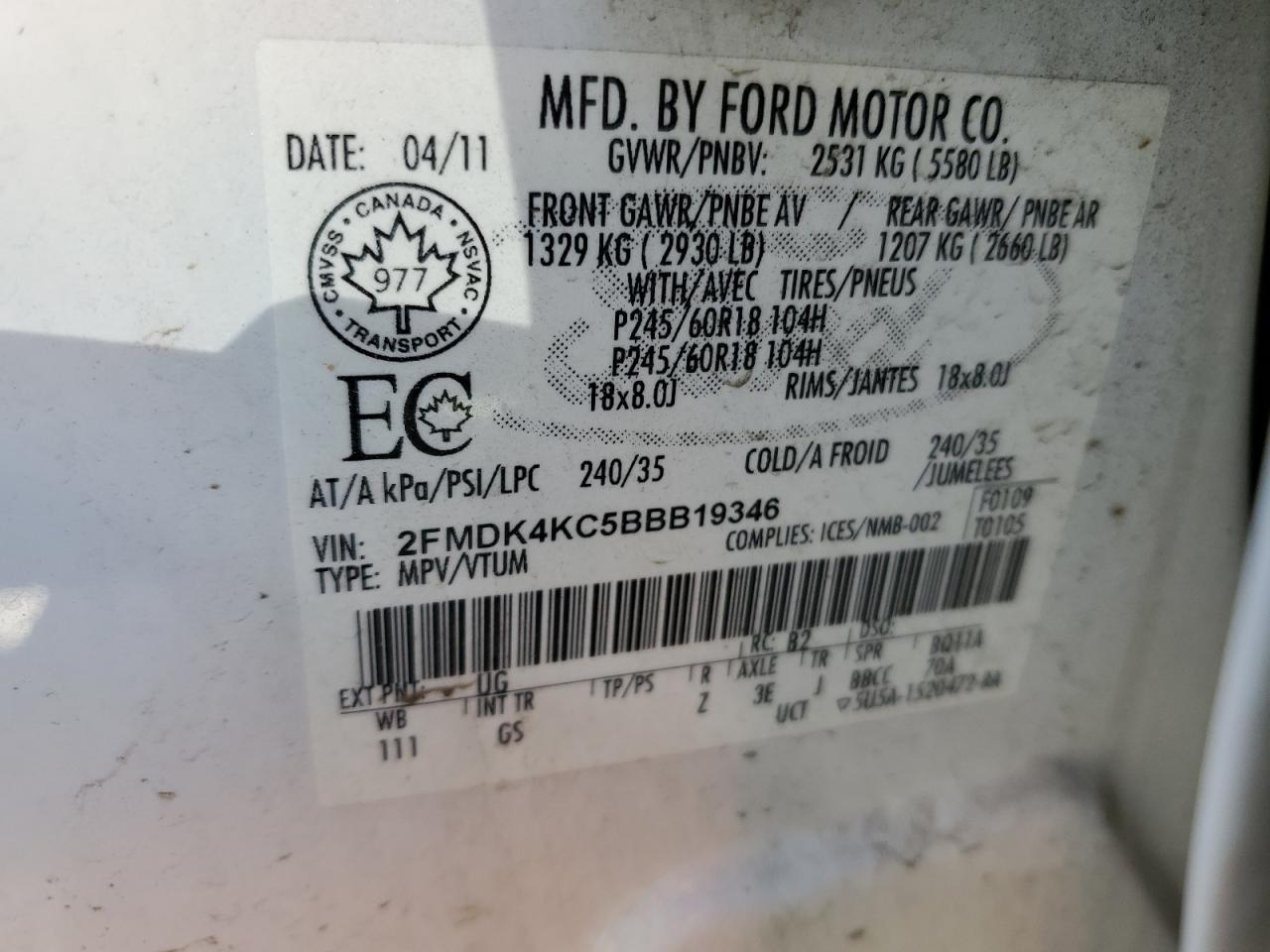 2FMDK4KC5BBB19346 2011 Ford Edge Limited