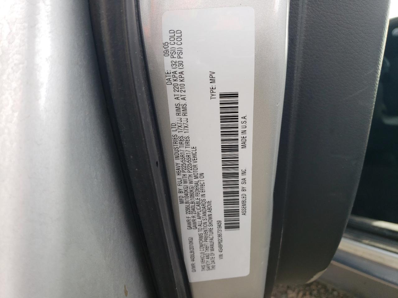 4S4BP62C667319459 2006 Subaru Legacy Outback 2.5I Limited