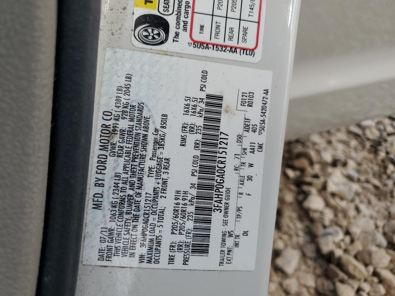 3FAHP0GA0CR151217 2012 Ford Fusion S