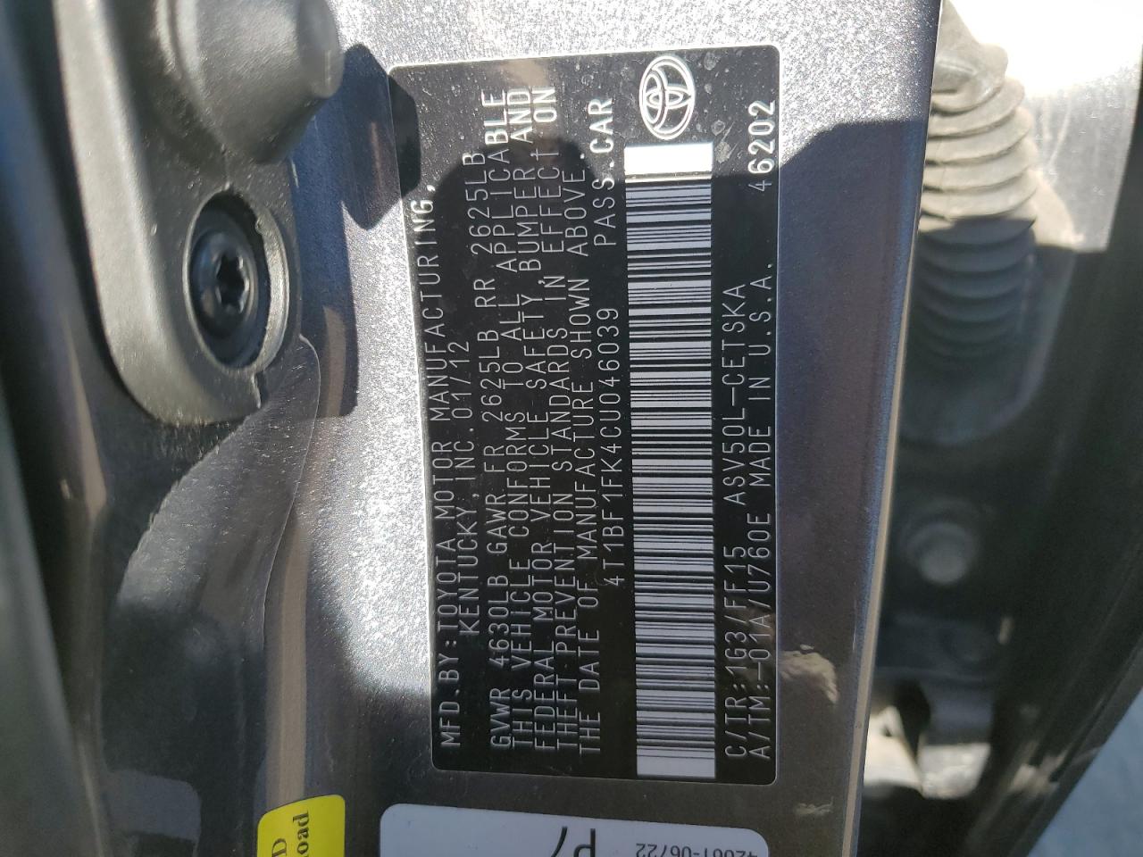 4T1BF1FK4CU046039 2012 Toyota Camry Base