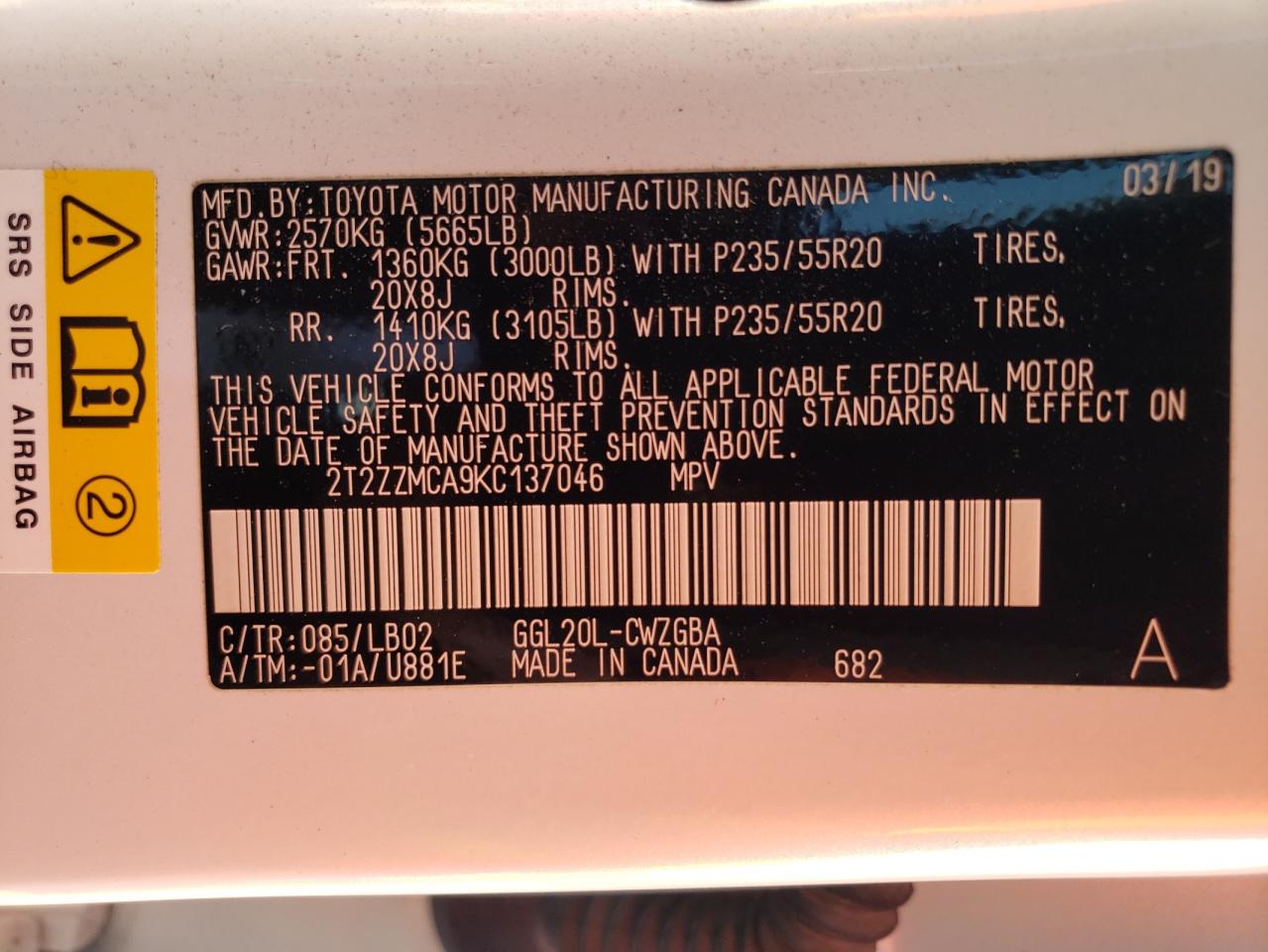 2T2ZZMCA9KC137046 2019 Lexus Rx 350 Base