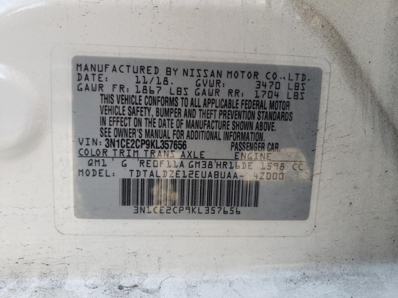 3N1CE2CP9KL357656 2019 Nissan Versa Note S