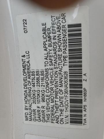 2022 Honda Accord Sport VIN: 1HGCV1F36NA063628 Lot: 57462944