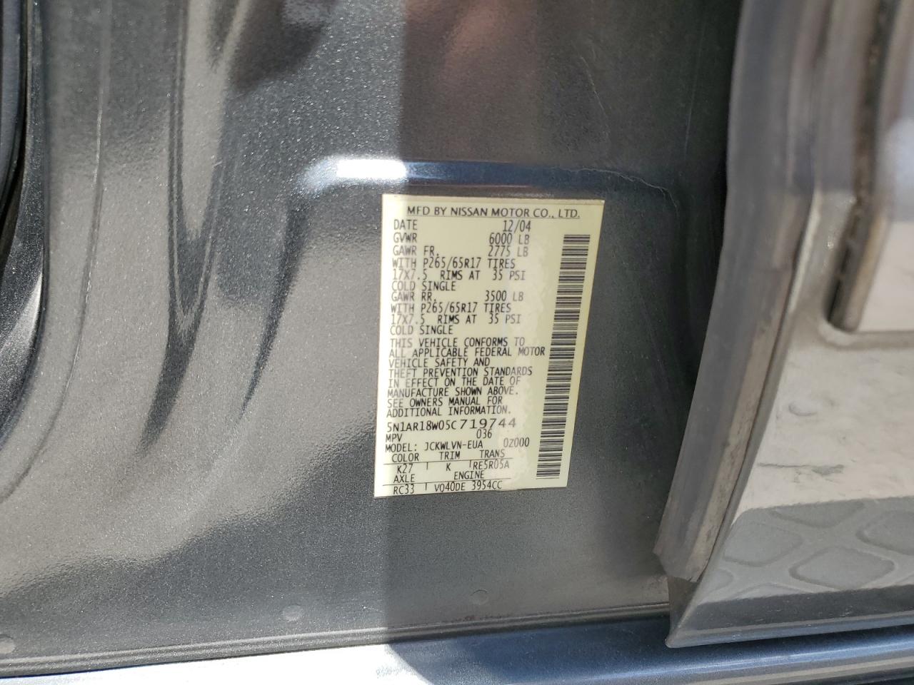 5N1AR18W05C719744 2005 Nissan Pathfinder Le