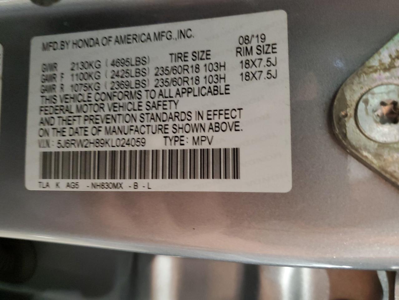 5J6RW2H89KL024059 2019 Honda Cr-V Exl