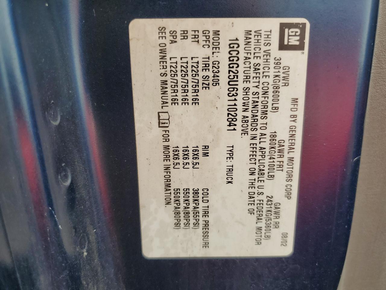 1GCGG25U631102841 2003 Chevrolet Express G2500