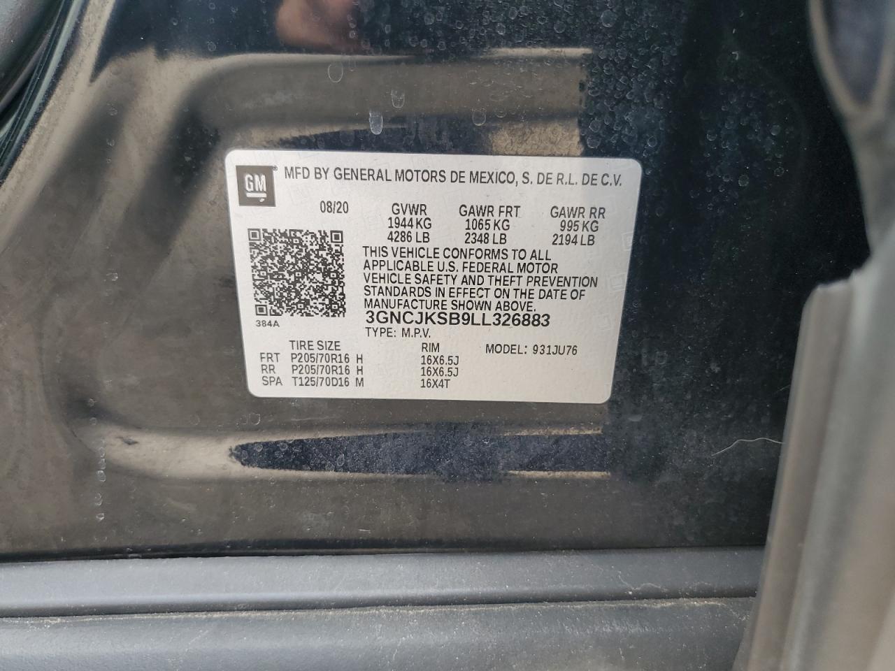 3GNCJKSB9LL326883 2020 Chevrolet Trax Ls