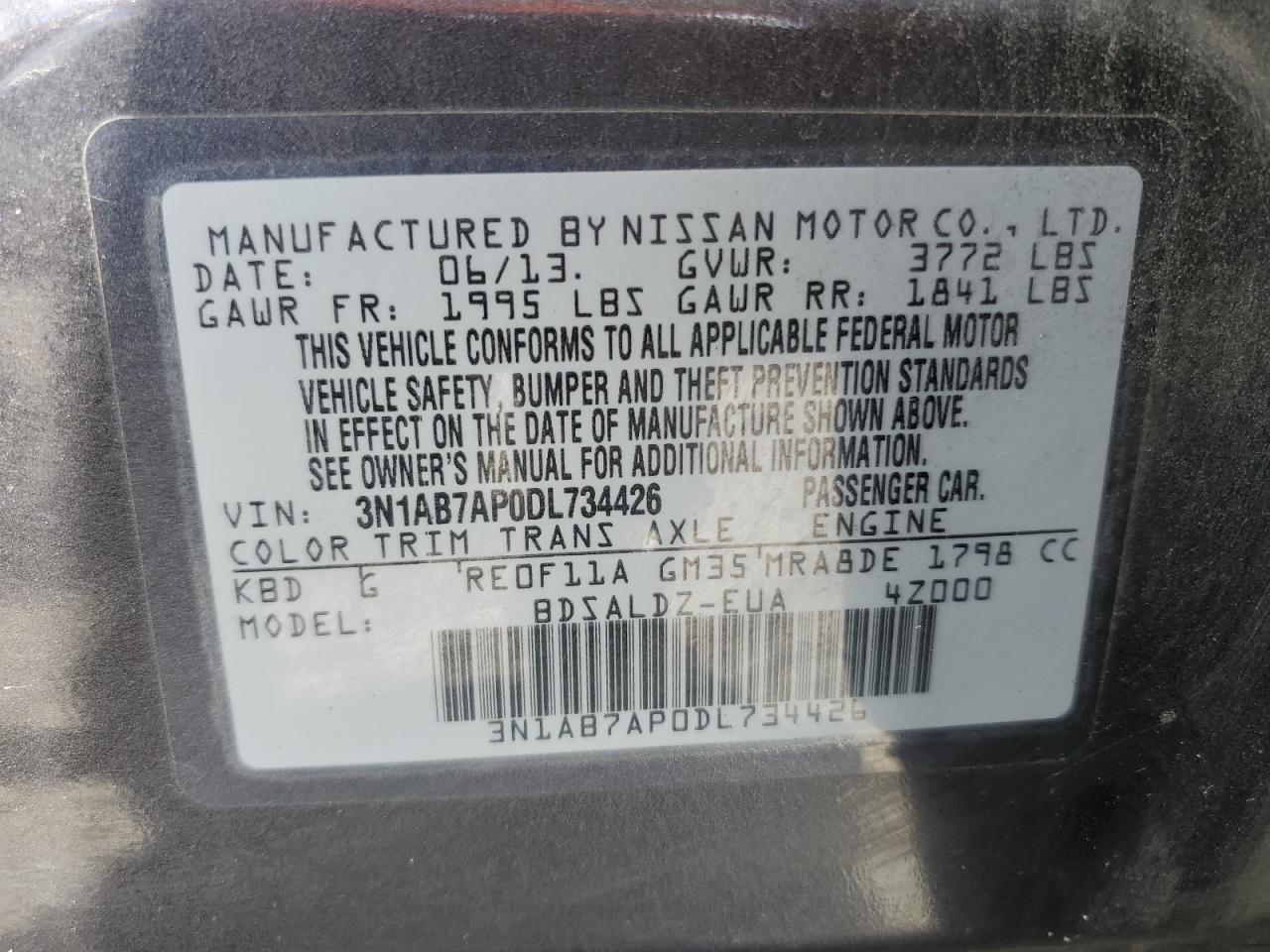 3N1AB7AP0DL734426 2013 Nissan Sentra S