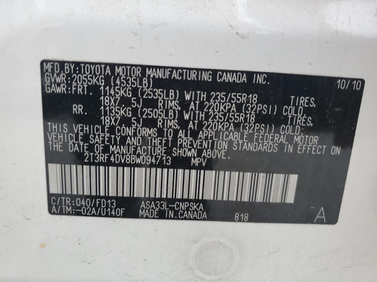 2T3RF4DV8BW094713 2011 Toyota Rav4 Sport