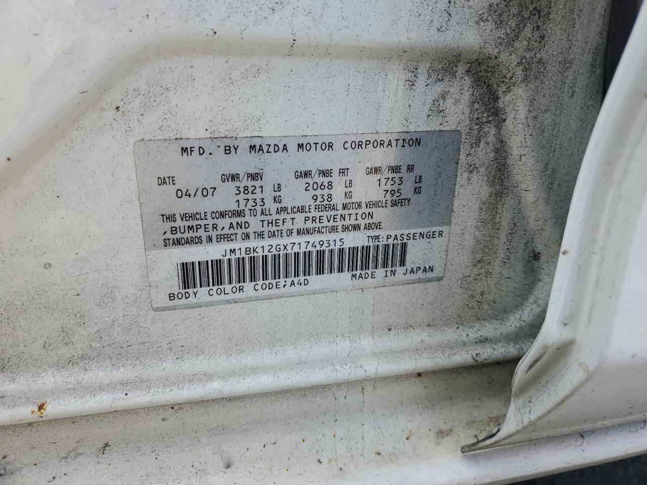 JM1BK12GX71749315 2007 Mazda 3 I