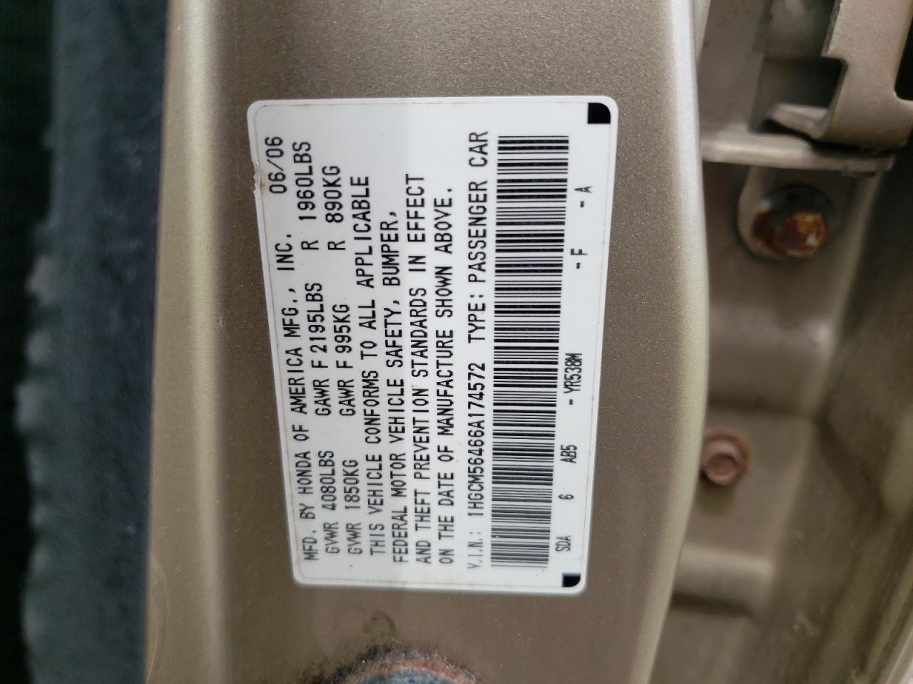 1HGCM56466A174572 2006 Honda Accord Lx