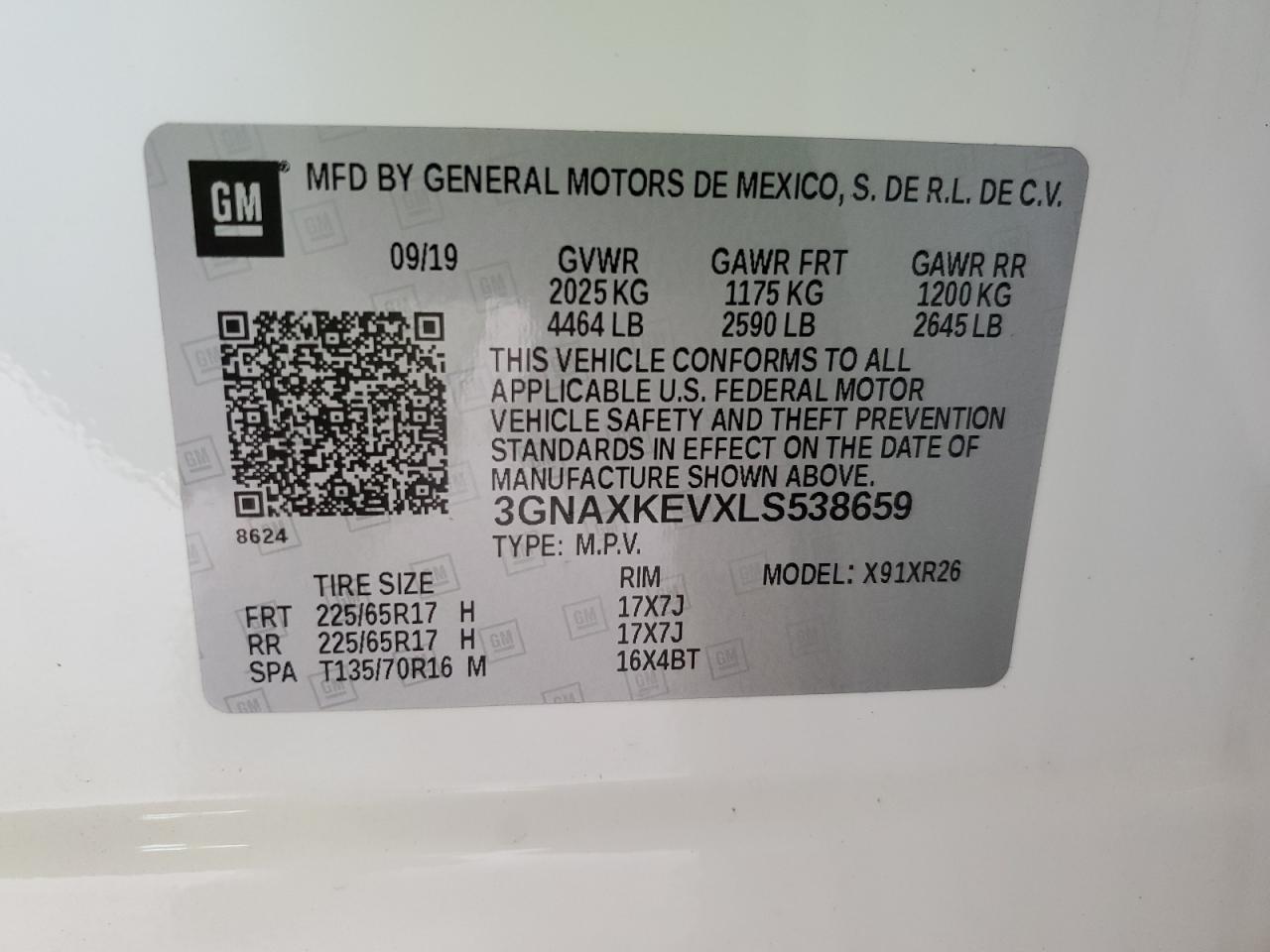 3GNAXKEVXLS538659 2020 Chevrolet Equinox Lt