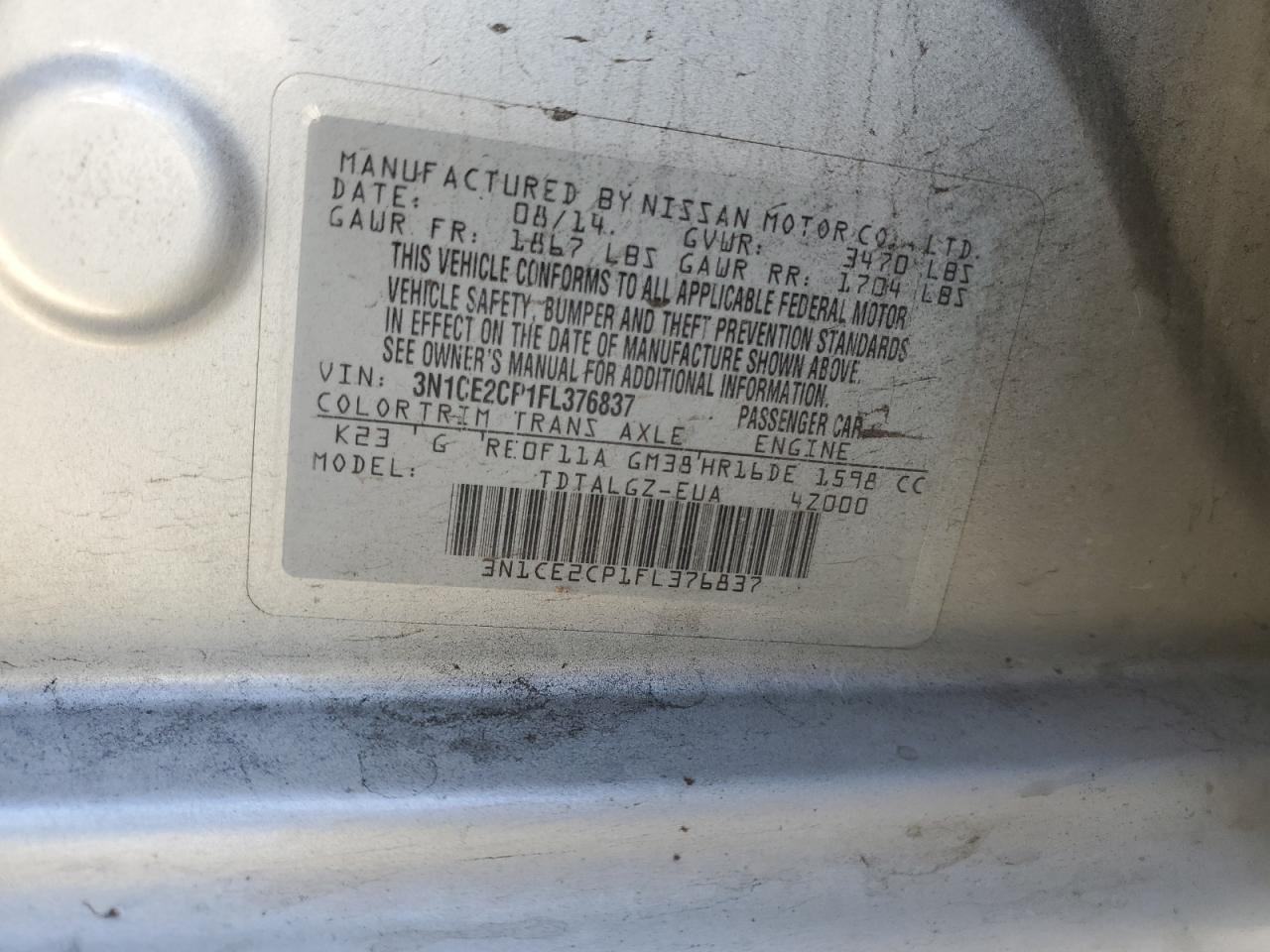 3N1CE2CP1FL376837 2015 Nissan Versa Note S