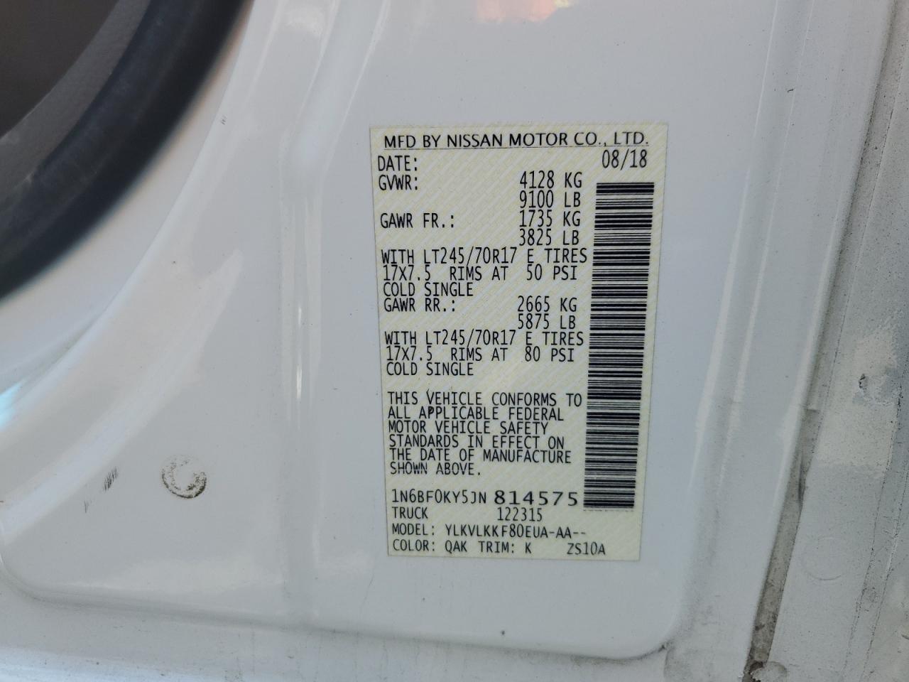 1N6BF0KY5JN814575 2018 Nissan Nv 1500 S