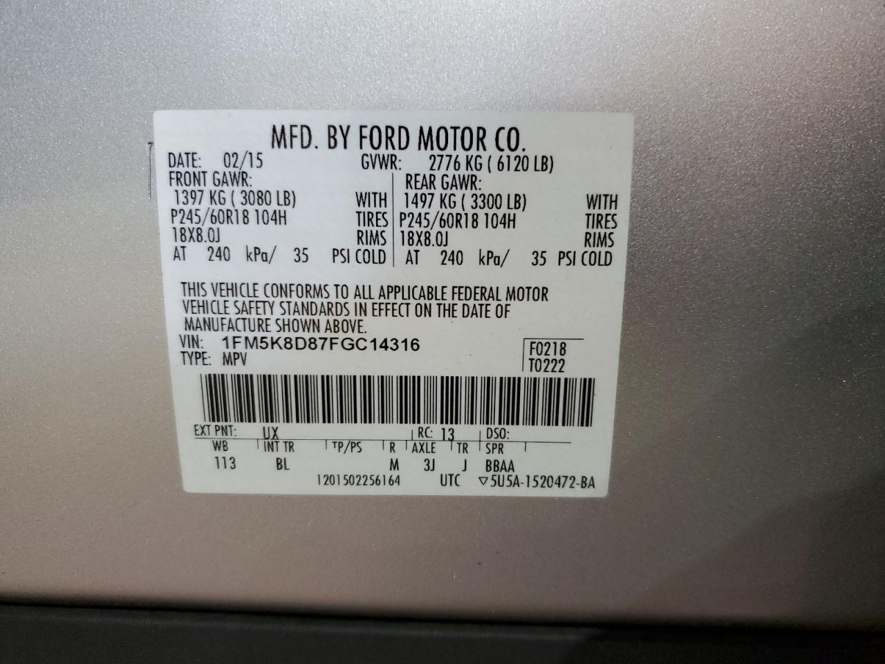 1FM5K8D87FGC14316 2015 Ford Explorer Xlt