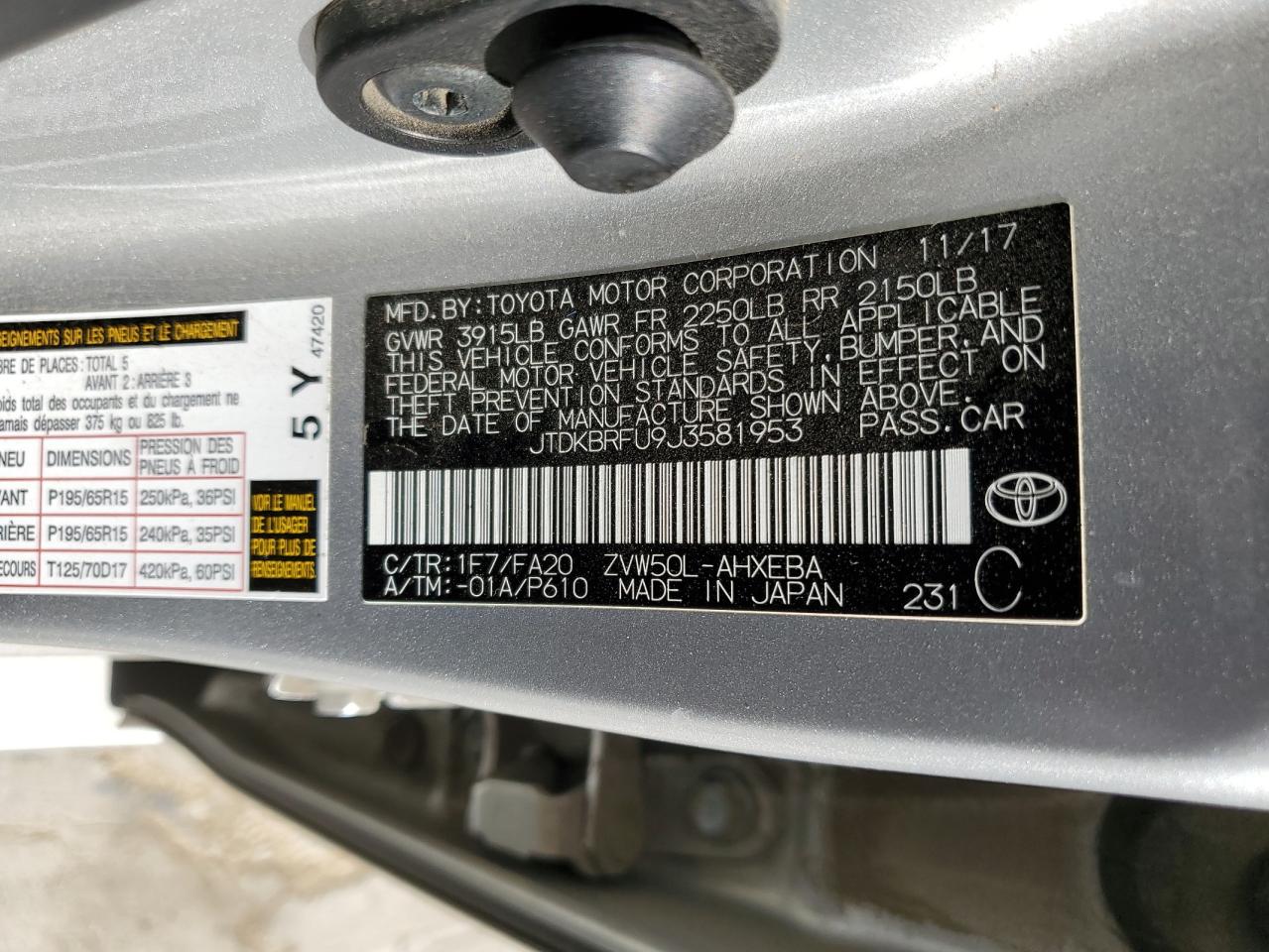 JTDKBRFU9J3581953 2018 Toyota Prius