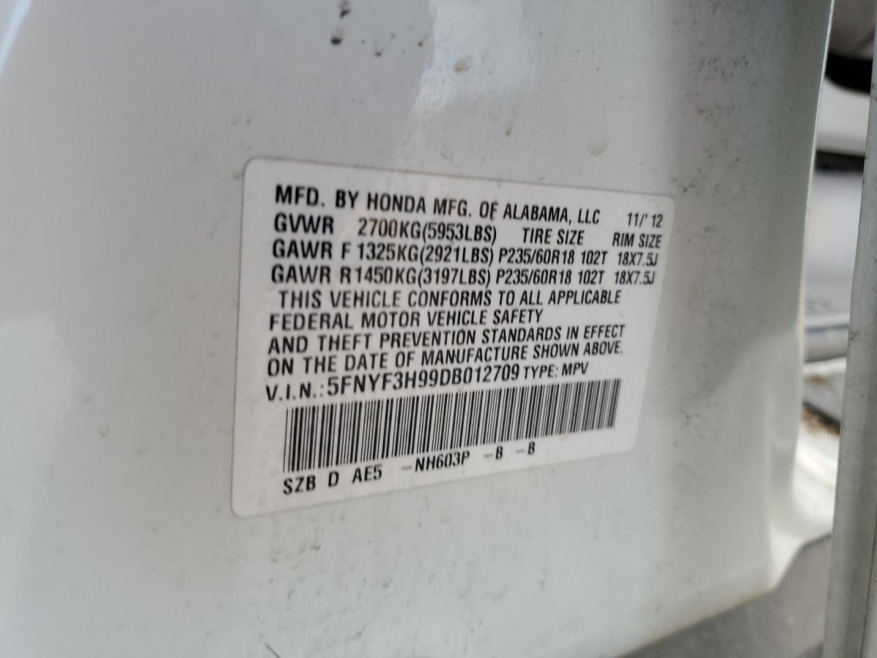 5FNYF3H99DB012709 2013 Honda Pilot Touring