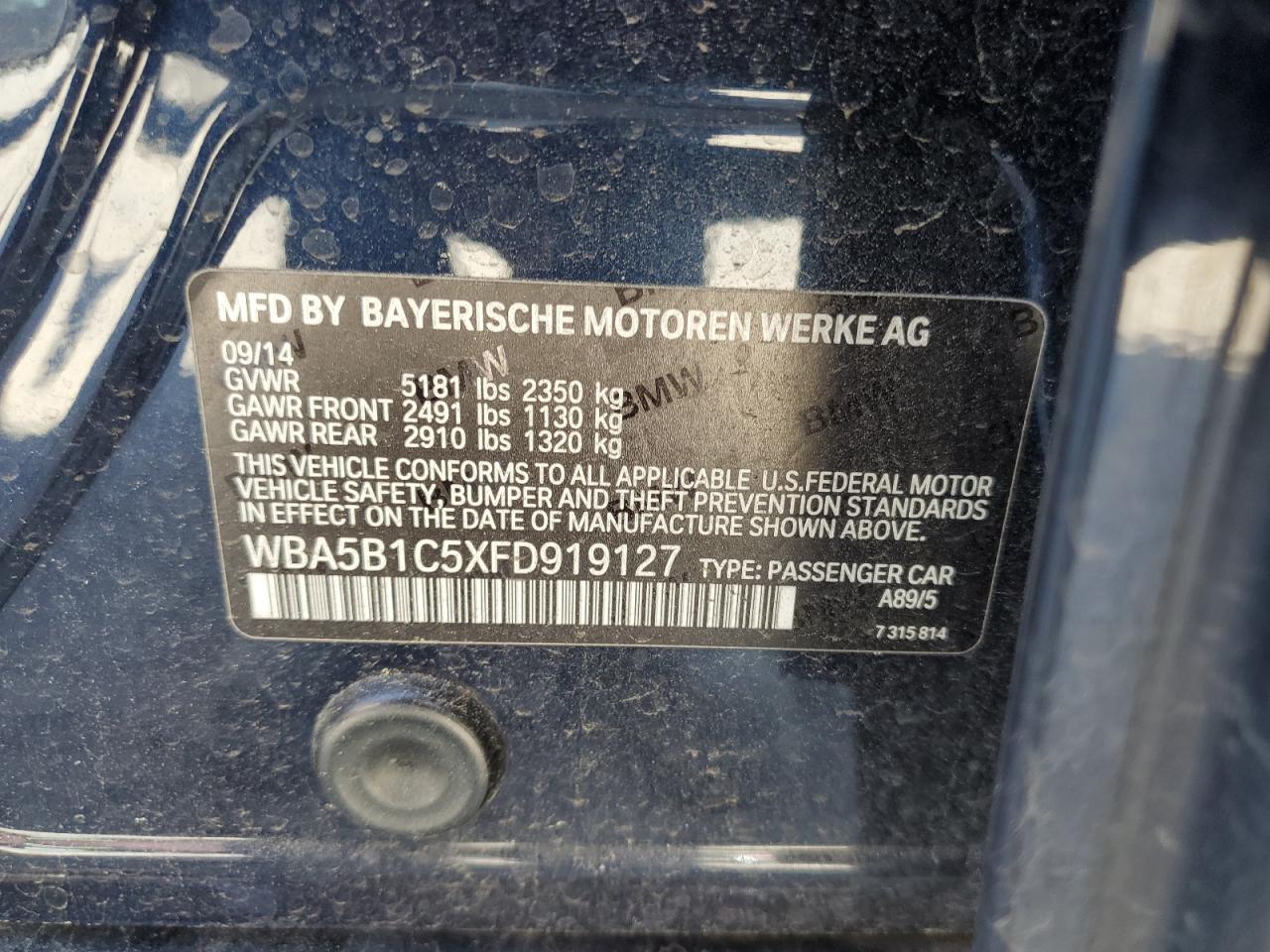 WBA5B1C5XFD919127 2015 BMW 535 I