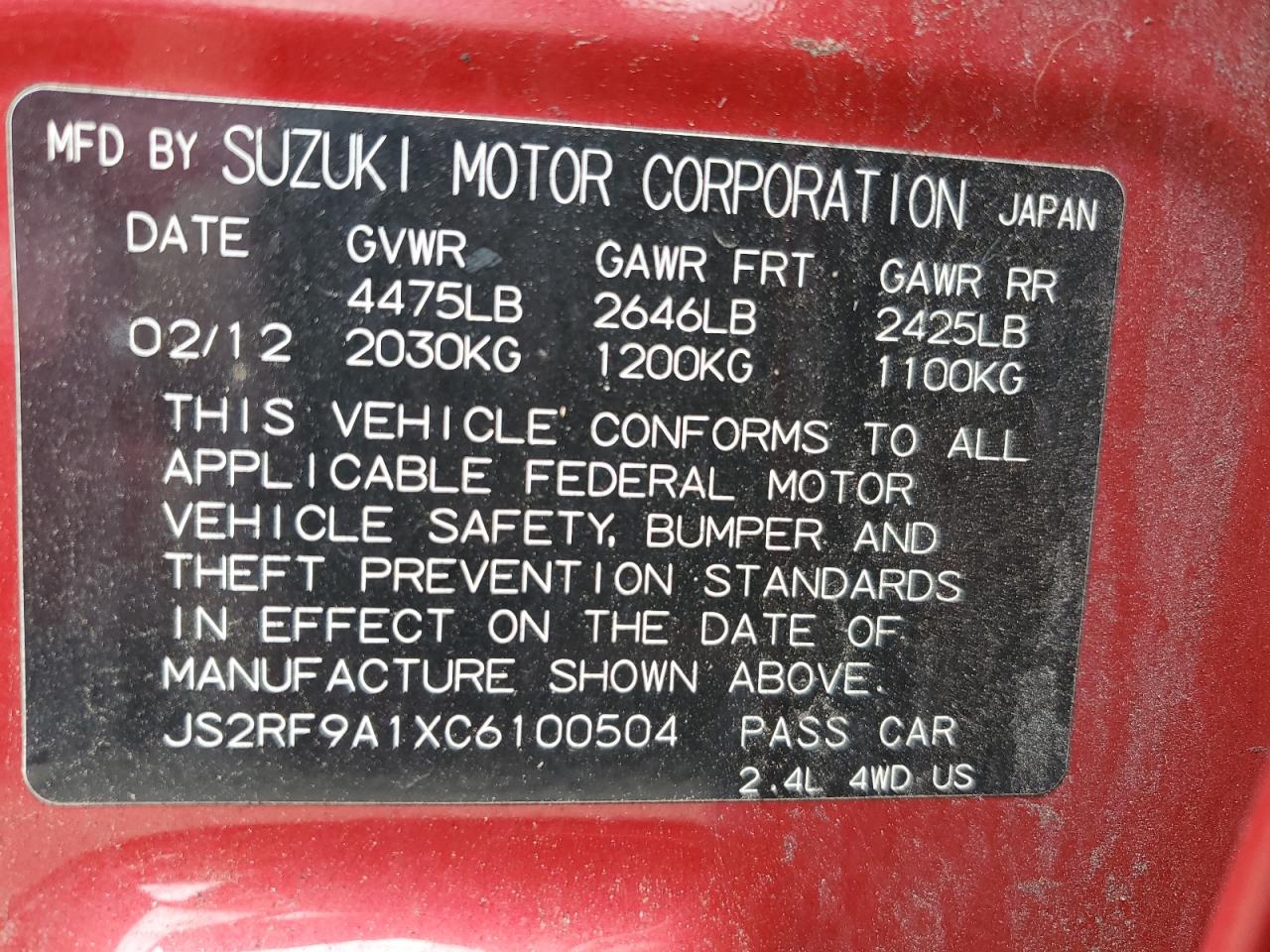 JS2RF9A1XC6100504 2012 Suzuki Kizashi S