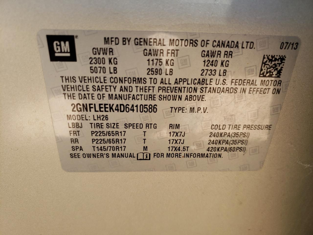 2GNFLEEK4D6410586 2013 Chevrolet Equinox Lt