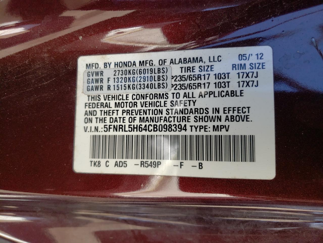 5FNRL5H64CB098394 2012 Honda Odyssey Exl