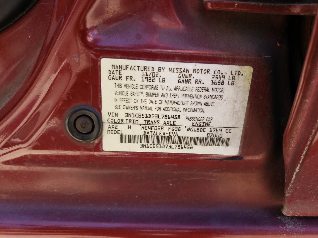 3N1CB51D73L786458 2003 Nissan Sentra Xe