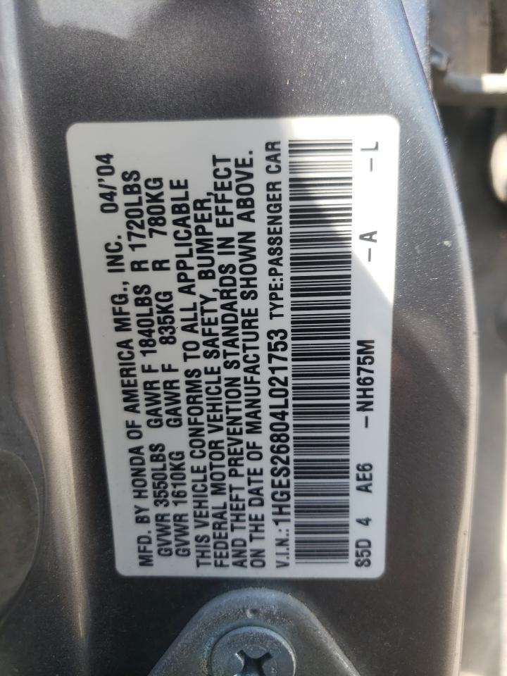 1HGES26804L021753 2004 Honda Civic Ex