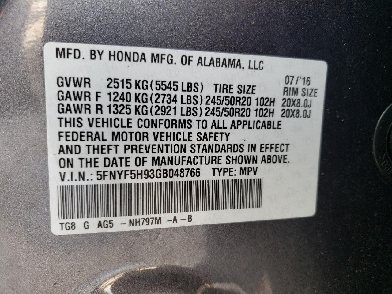 5FNYF5H93GB048766 2016 Honda Pilot Touring