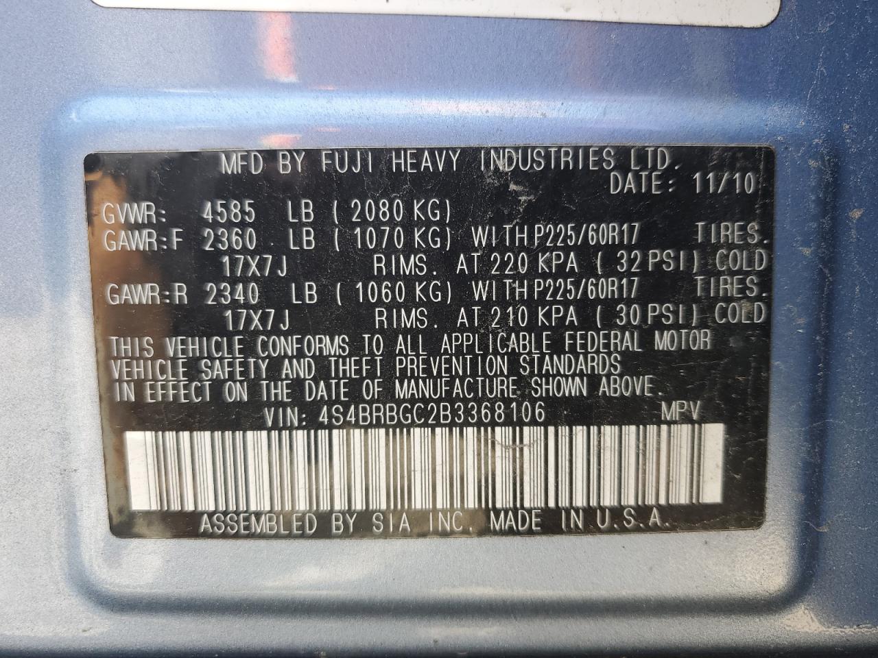 4S4BRBGC2B3368106 2011 Subaru Outback 2.5I Premium