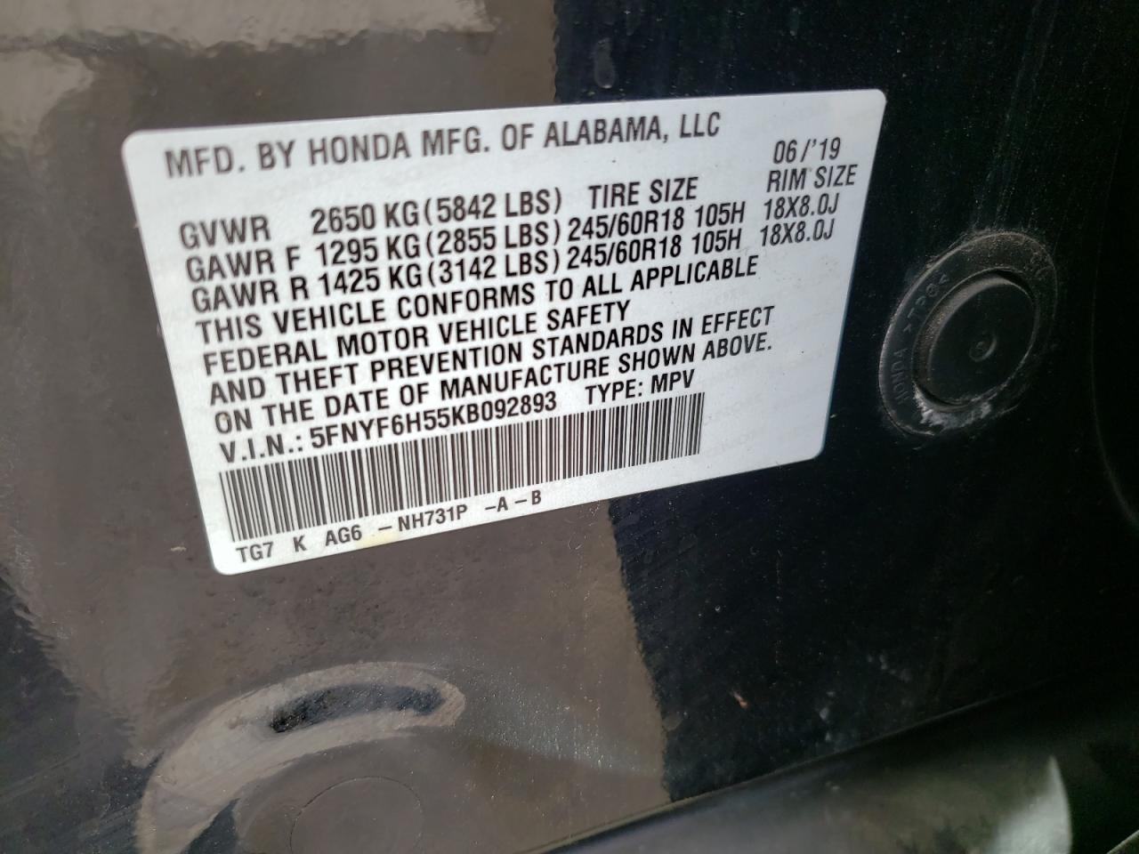 5FNYF6H55KB092893 2019 Honda Pilot Exl