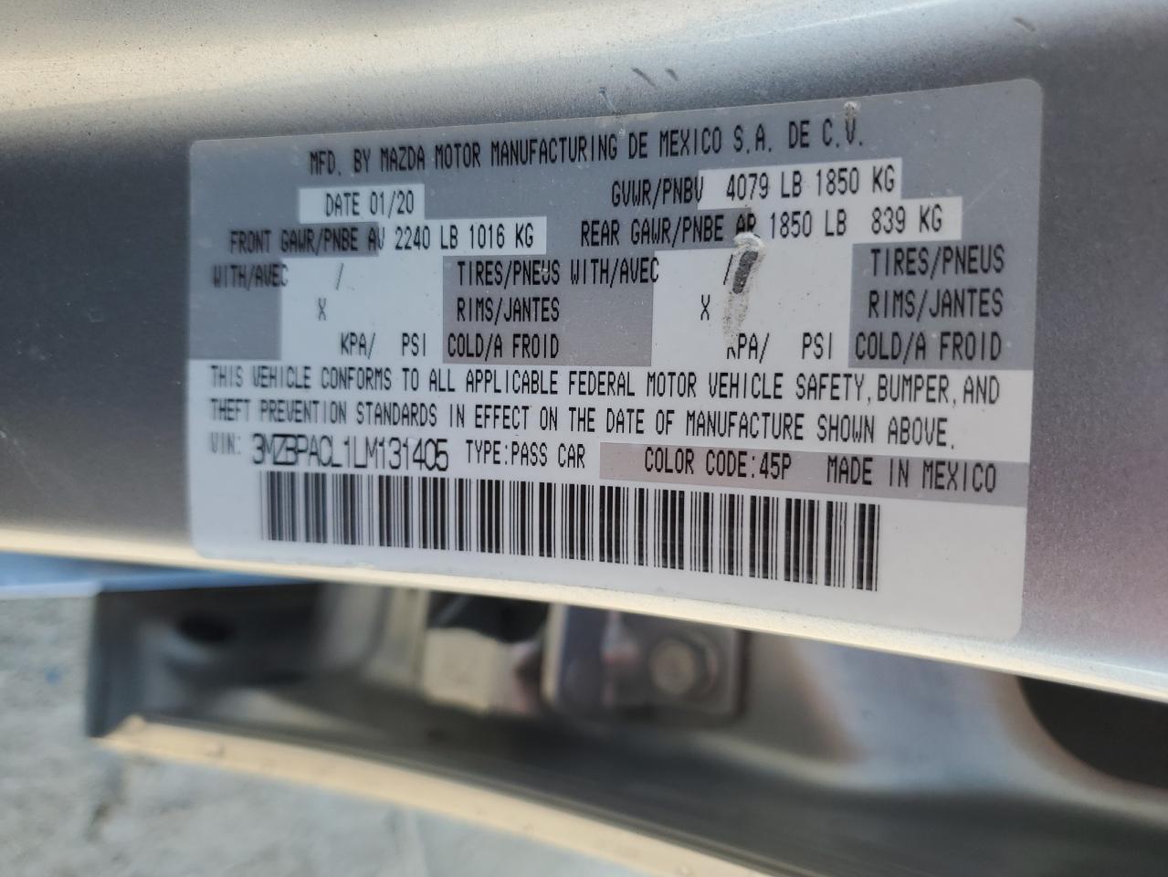 3MZBPACL1LM131405 2020 Mazda 3 Select