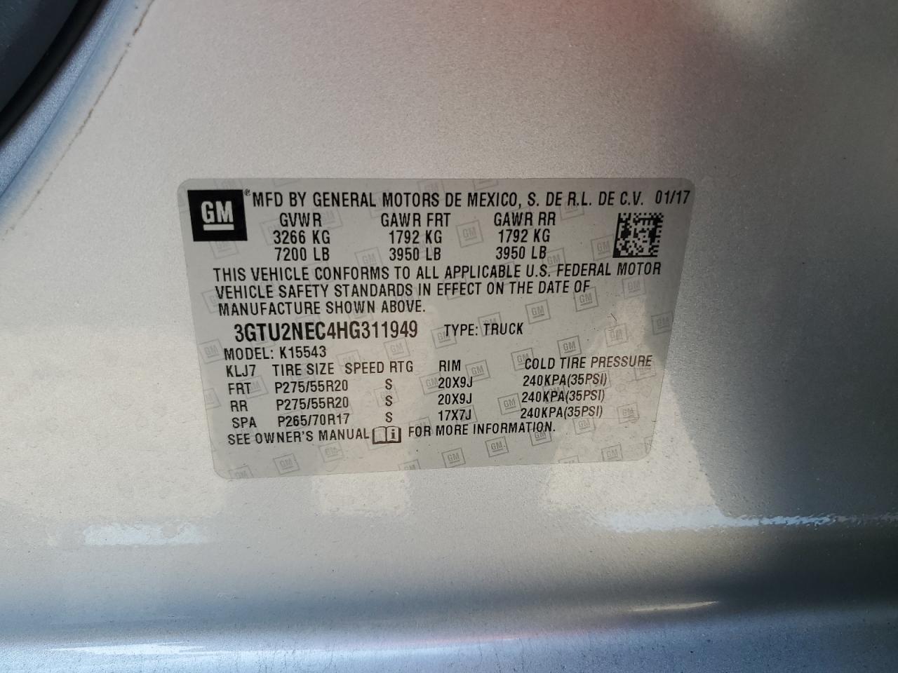 3GTU2NEC4HG311949 2017 GMC Sierra K1500 Slt