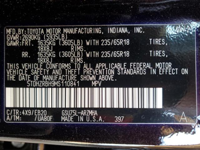 VIN 5TDHZRBH9MS110841 2021 Toyota Highlander, Xle no.13