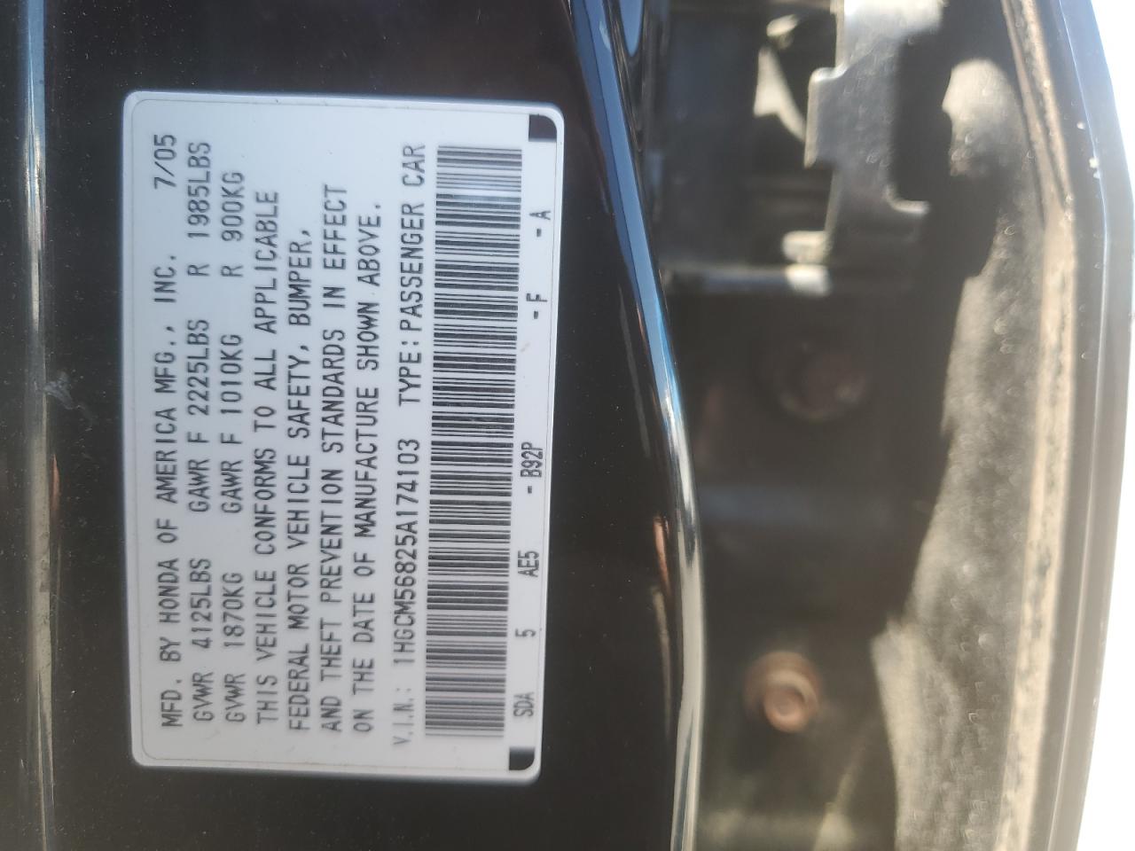 1HGCM56825A174103 2005 Honda Accord Ex