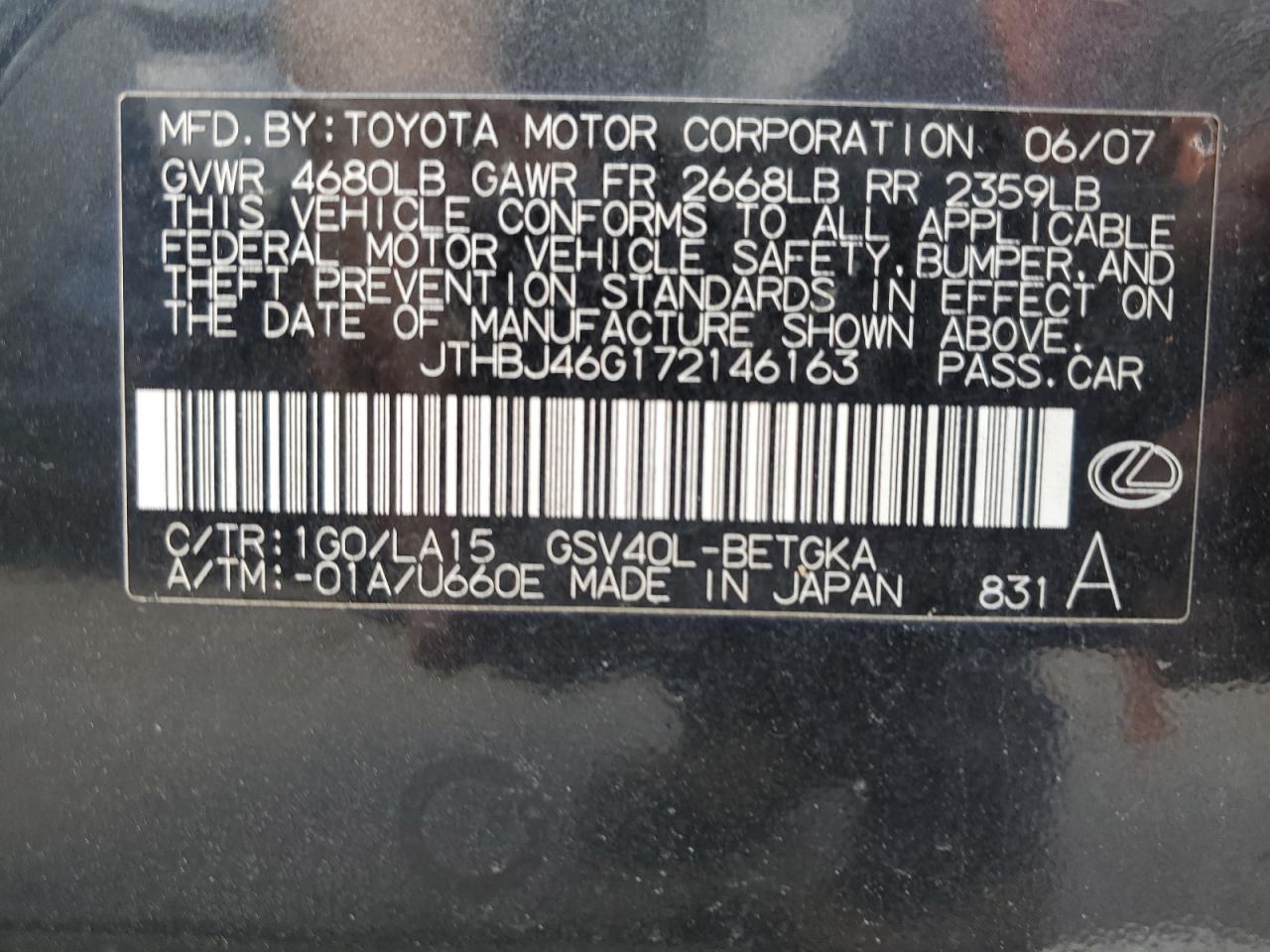 JTHBJ46G172146163 2007 Lexus Es 350