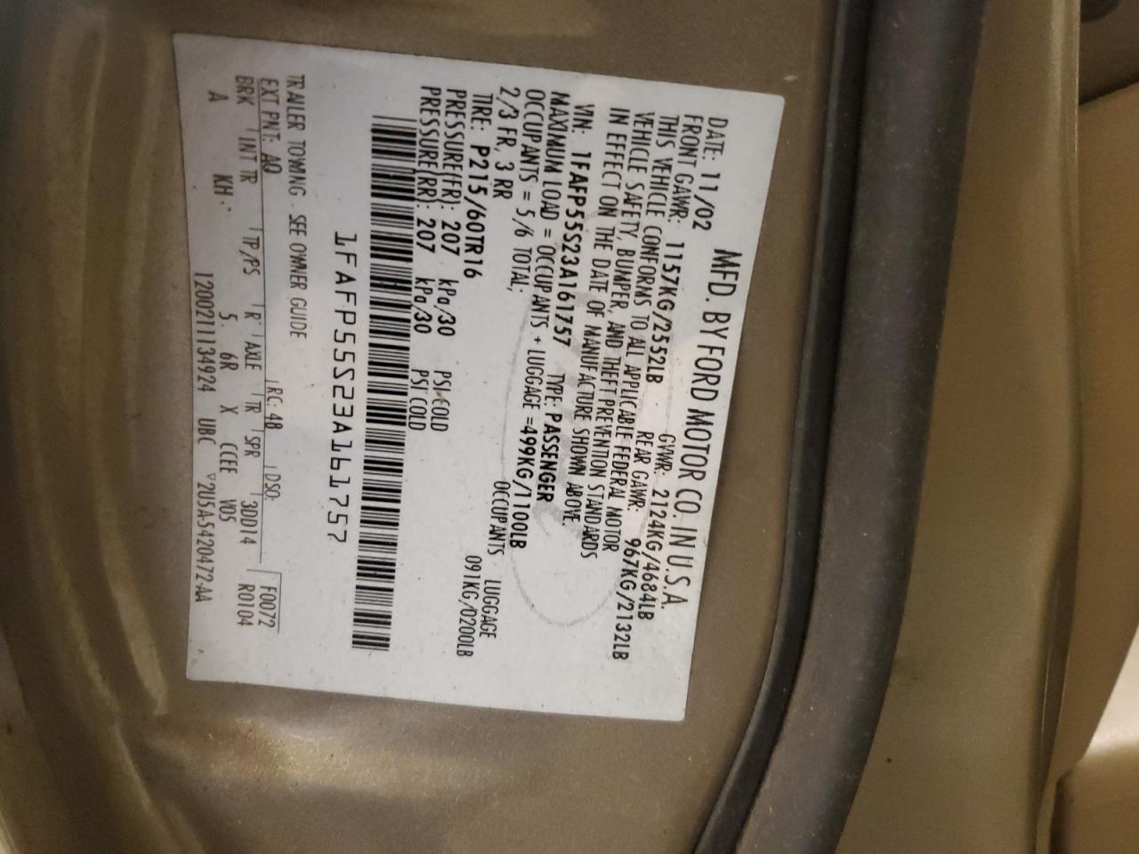 1FAFP55S23A161757 2003 Ford Taurus Ses