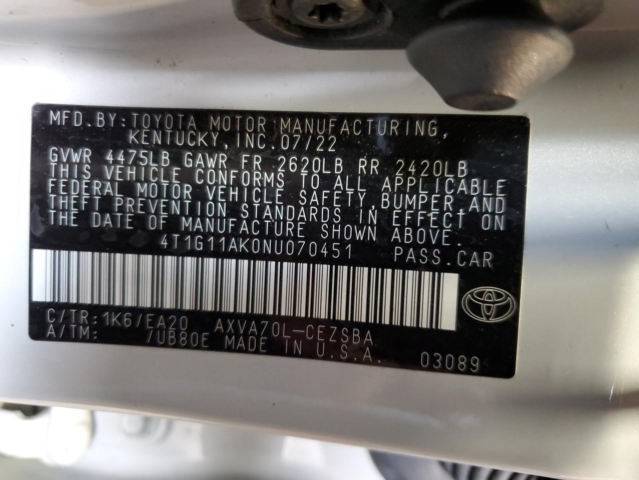 4T1G11AK0NU070451 2022 Toyota Camry Se