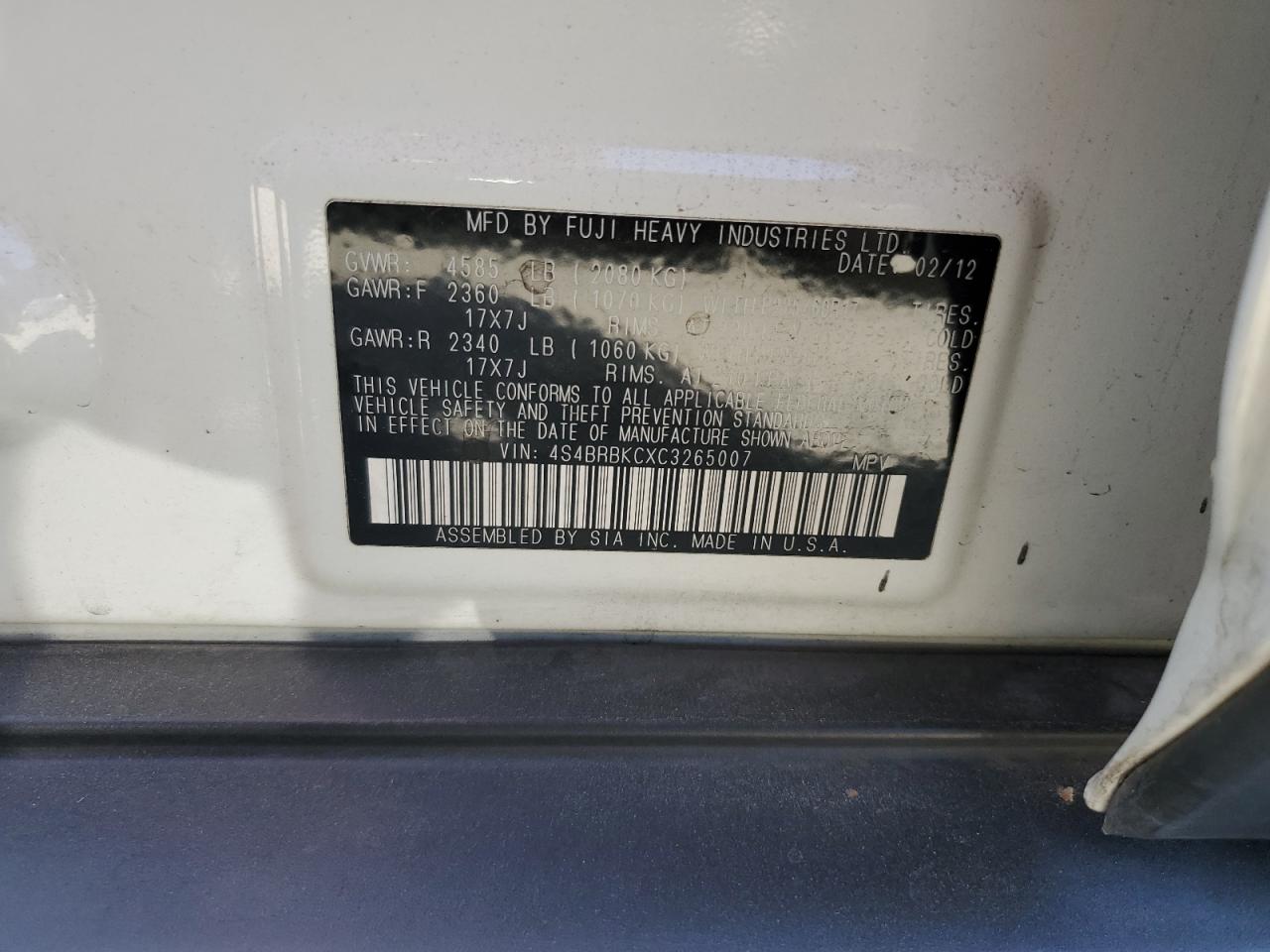 4S4BRBKCXC3265007 2012 Subaru Outback 2.5I Limited