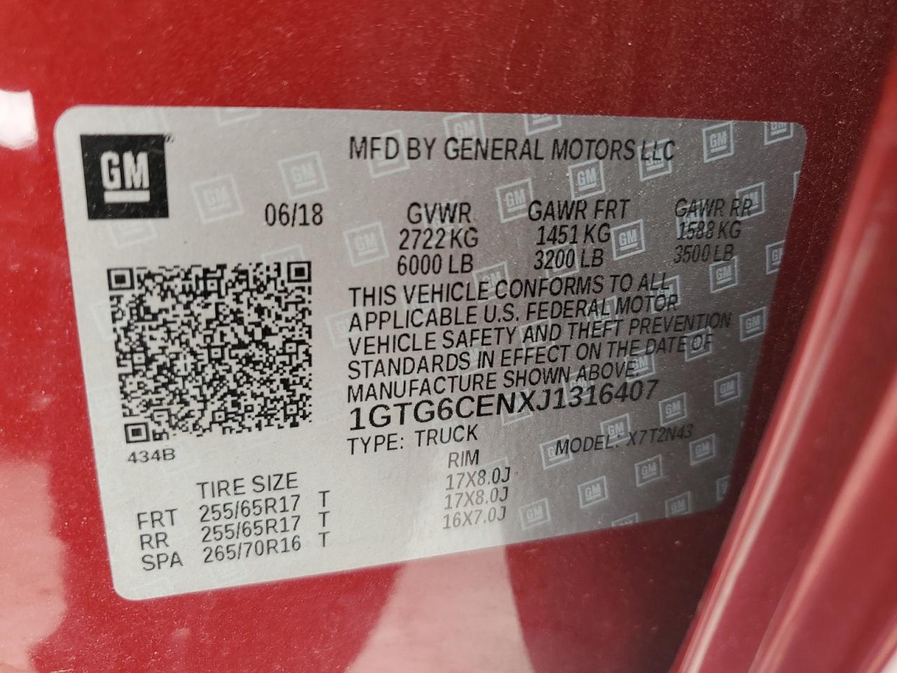 1GTG6CENXJ1316407 2018 GMC Canyon Sle