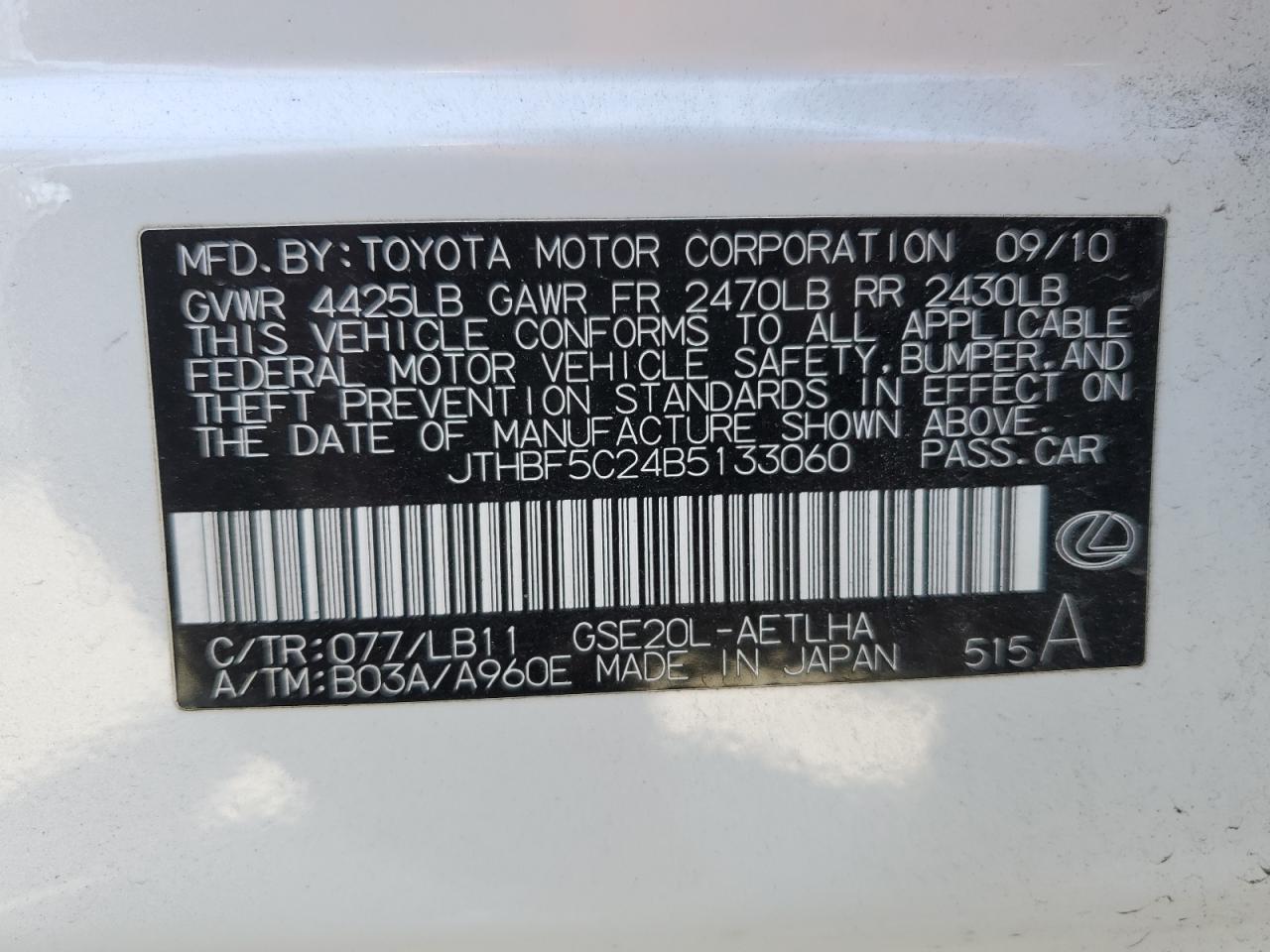 JTHBF5C24B5133060 2011 Lexus Is 250