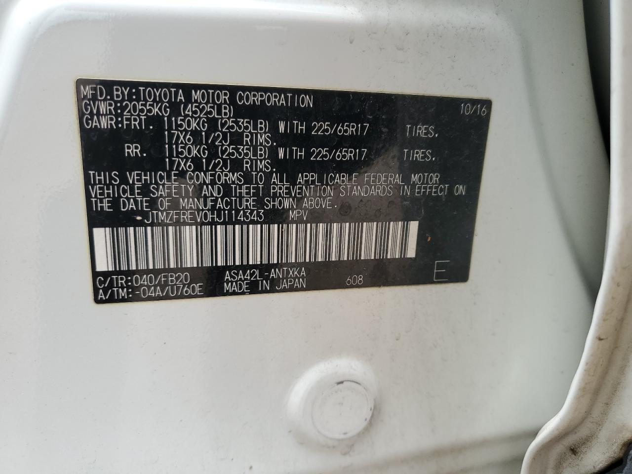 JTMZFREV0HJ114343 2017 Toyota Rav4 Le