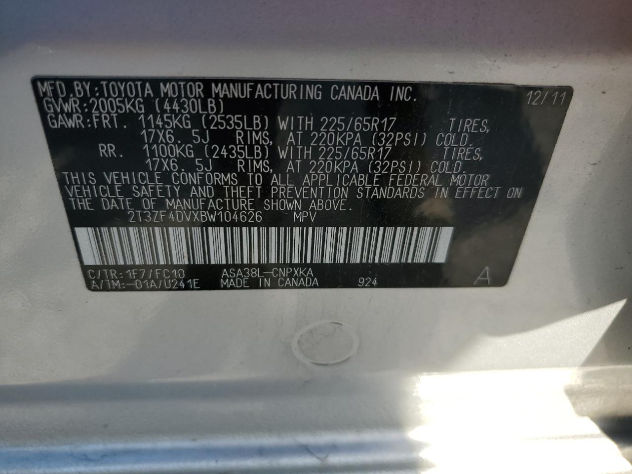 2T3ZF4DVXBW104626 2011 Toyota Rav4