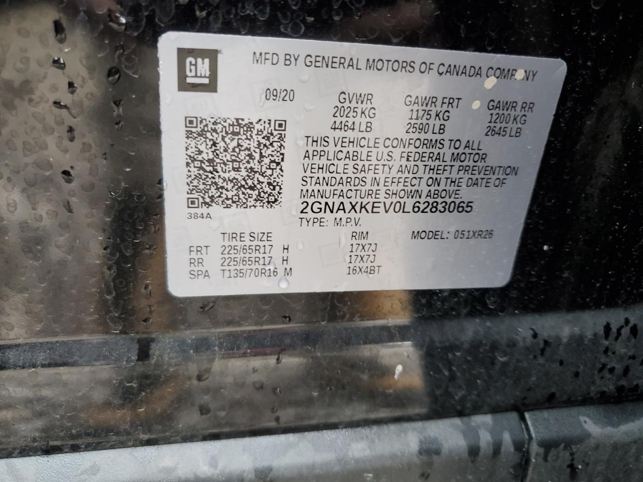 2GNAXKEV0L6283065 2020 Chevrolet Equinox Lt