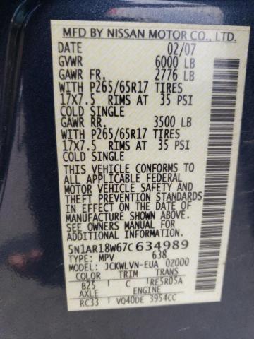 2007 Nissan Pathfinder Le VIN: 5N1AR18W67C634989 Lot: 61310154