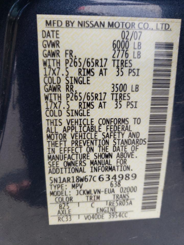 5N1AR18W67C634989 2007 Nissan Pathfinder Le