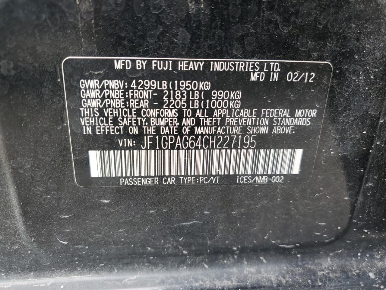 JF1GPAG64CH227195 2012 Subaru Impreza Limited