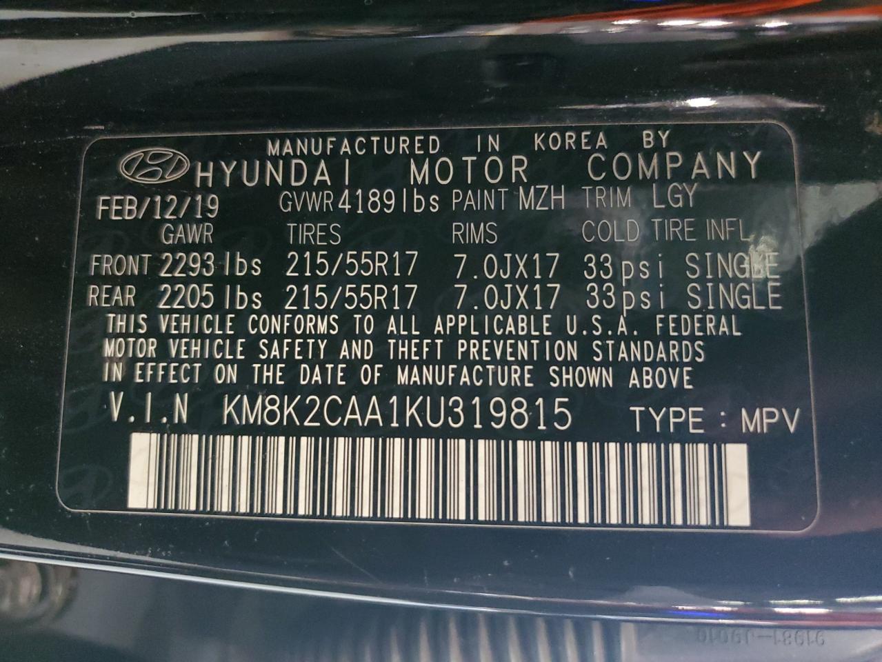 KM8K2CAA1KU319815 2019 Hyundai Kona Sel