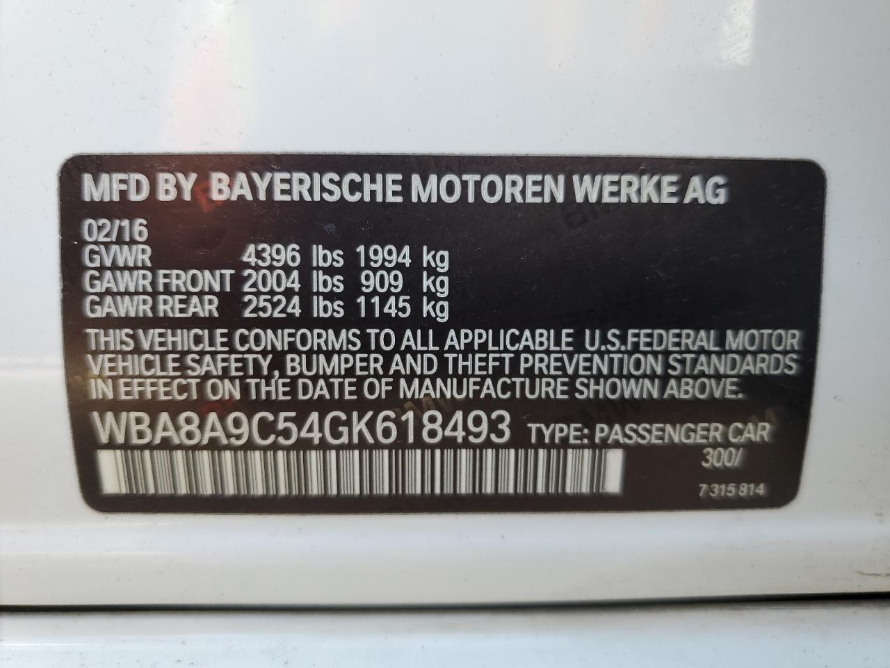 WBA8A9C54GK618493 2016 BMW 320 I