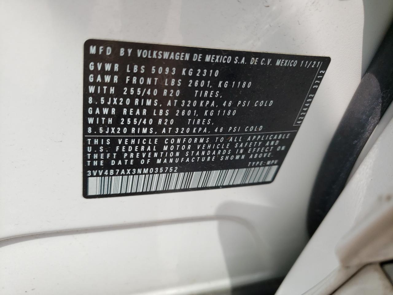 3VV4B7AX3NM035752 2022 Volkswagen Tiguan Sel R-Line