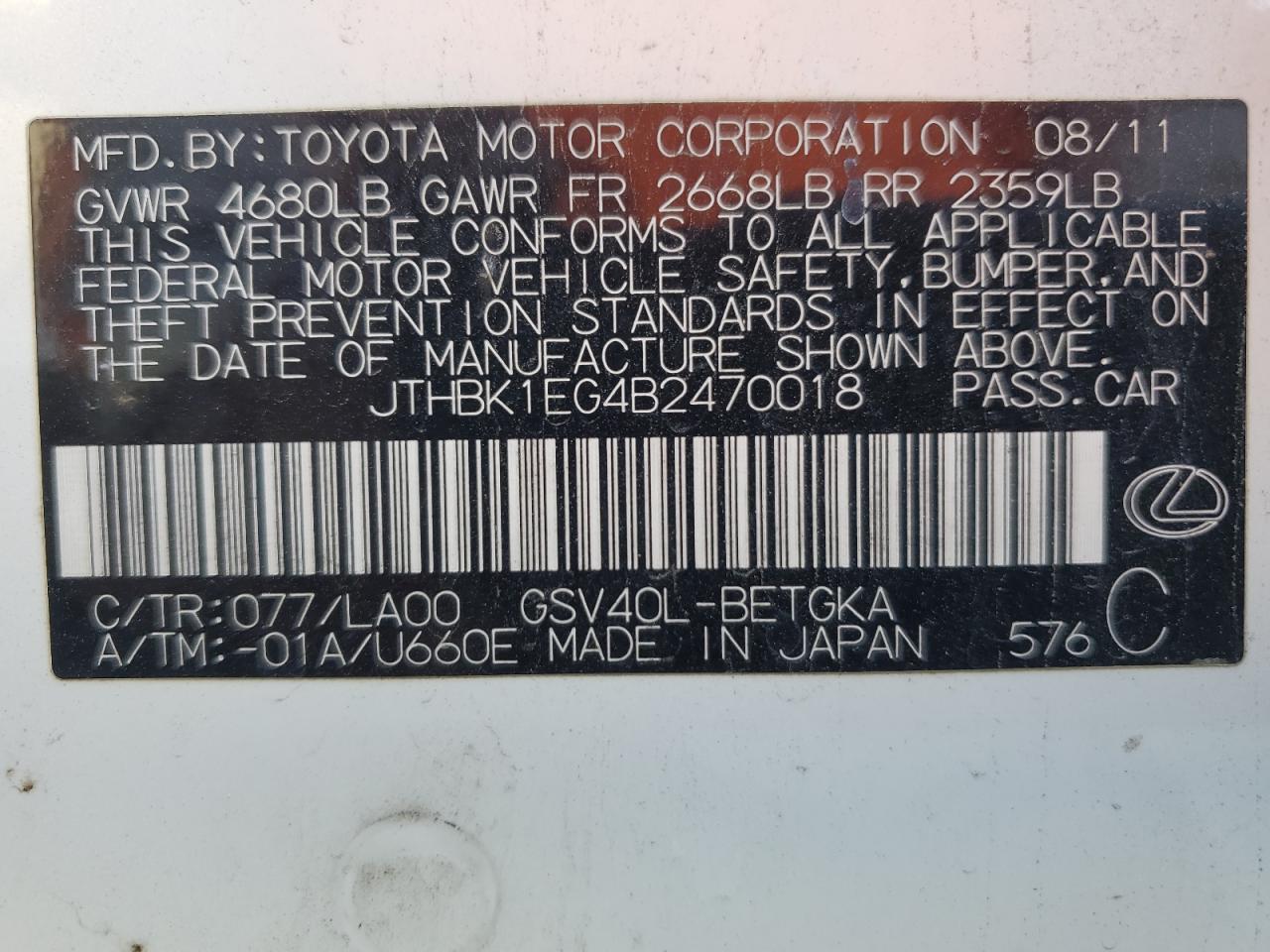 JTHBK1EG4B2470018 2011 Lexus Es 350